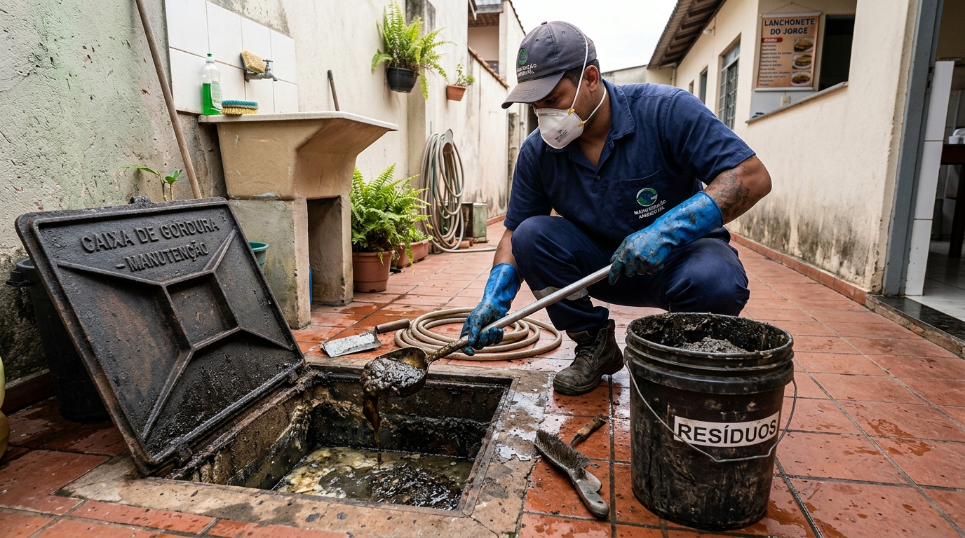 Remoção de resíduos da caixa de gordura em Patos de Minas‑MG
