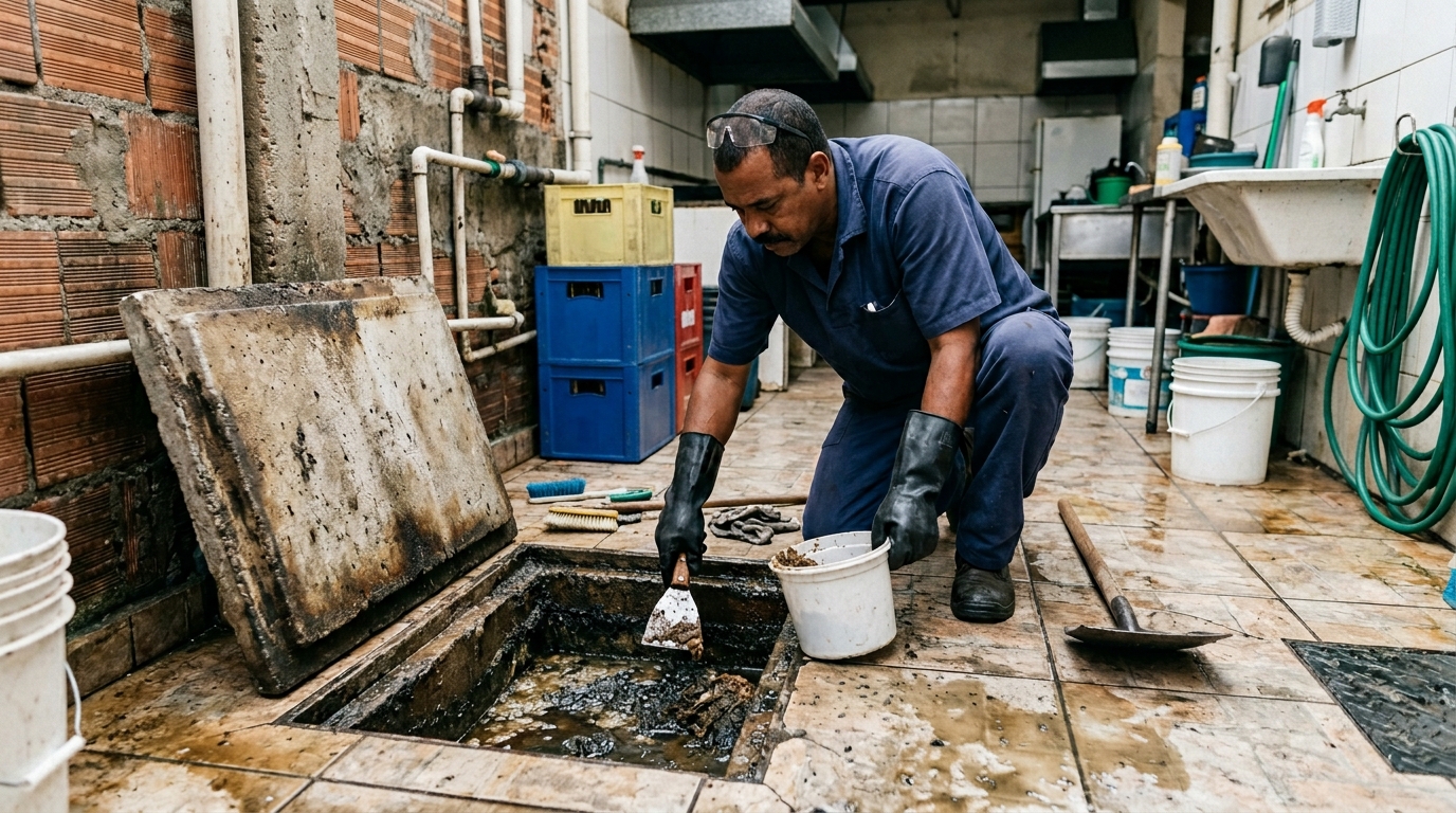 Limpeza de caixa de gordura residencial em Patos de Minas‑MG