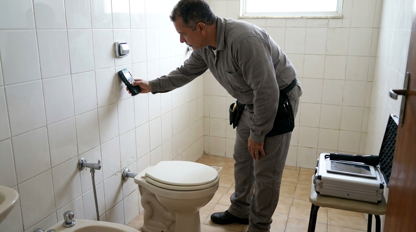 Técnico de caça vazamento analisando tubulação em Patos de Minas‑MG